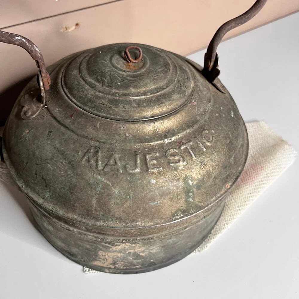 Antique Majestic Copper Tea Kettle Wood Handle Patented‎ May 17 1898 Primitive